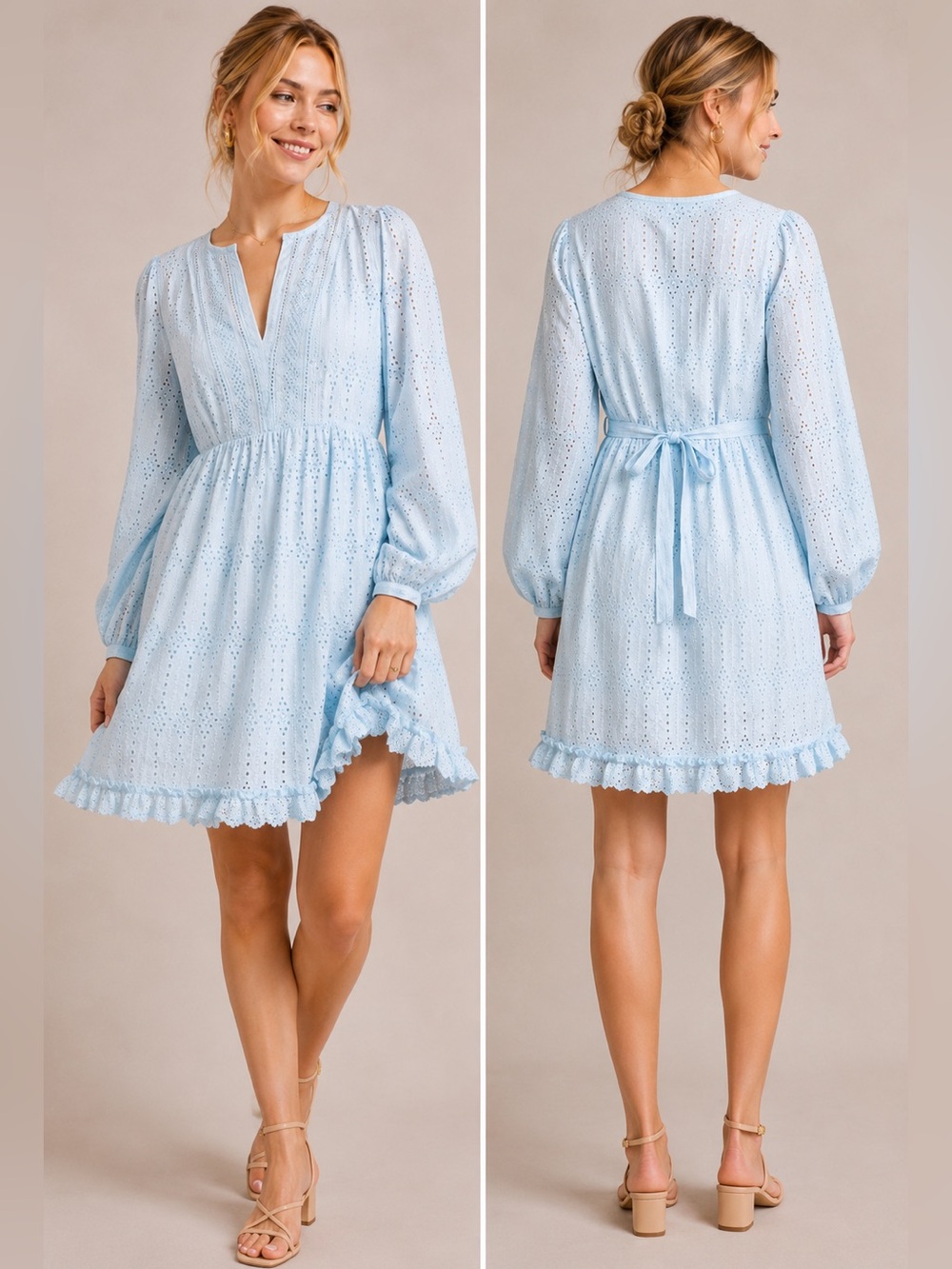 Anthropologie Eyelet Mini Dress Blue Long Sleeve Boho Cottagecore Size 4